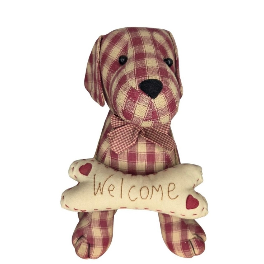 Delton Red White Gingham Plaid Welcome Dog Decor Doorstop Porch Sign